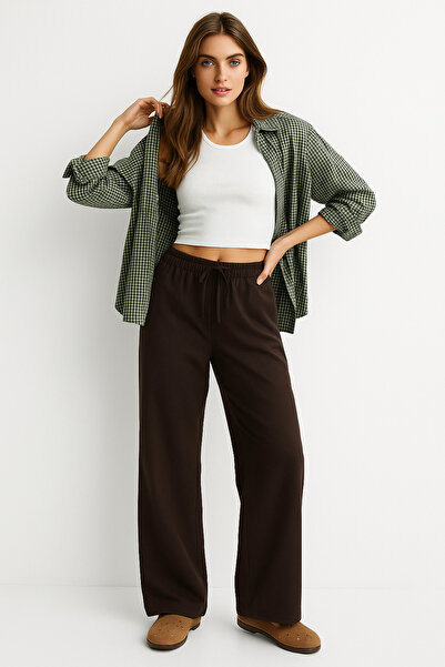 Rich Women's Brown High Waist Elastic Wide Leg Trousers-Multicolour 45