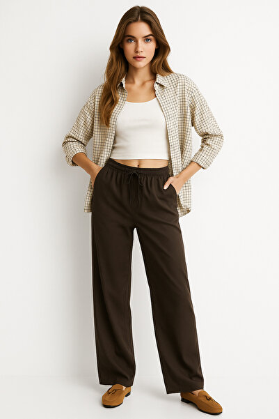 Rich Women's Brown High Waist Elastic Wide Leg Trousers-Multicolour 12