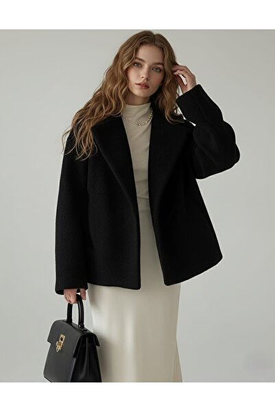 agiyra Kadın Oversize Dokulu Kaşe Görünümlü Siyah Kışlık Ceket