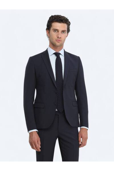 Kip Navy Plain Slim Fit Wool Blended Suit