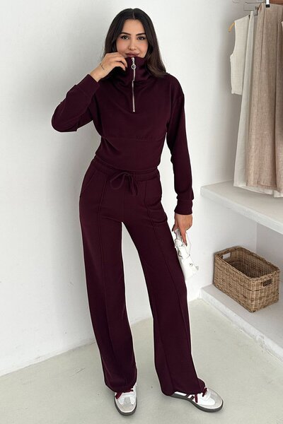 VAGGON Women's Burgundy Half-Zip Crop Sweat and Wide-Leg Sweatpants Set Vs01568