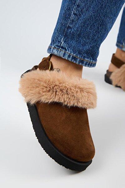 Manijero Antonella Fur Women's Genuine Leather Back Strap Platform Sabo Tan Sandals