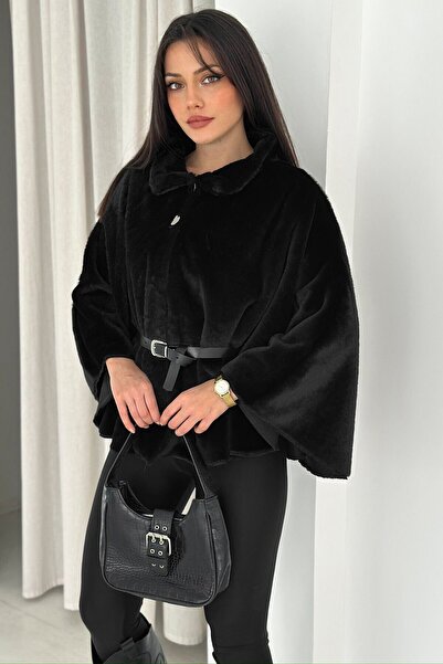 VAGGON Women's Black Belt Detailed Plush Poncho Vs01566