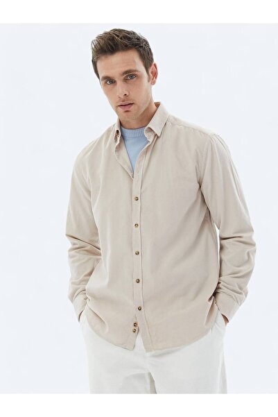 Kip Beige Corduroy Regular Fit Woven Velvet Casual 100% Cotton Shirt