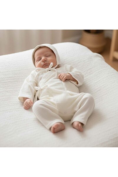 Ominii Ecru Muslin Jumpsuit Hat Set of 2 |   Newborn & Baby Clothing