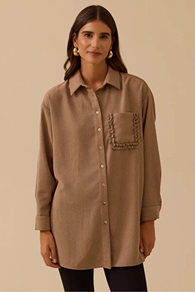 SEÇİL Women's Corded Fabric Ruffle Detailed Tunic - Mink