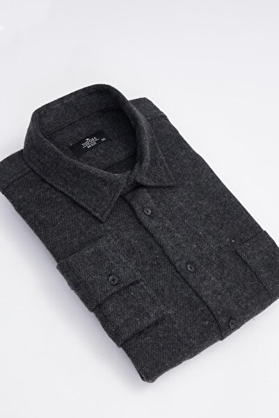 Tudors Ανδρικό χειμερινό πουκάμισο μεγάλου μεγέθους με μονή τσέπη καρό σκούρο γκρι