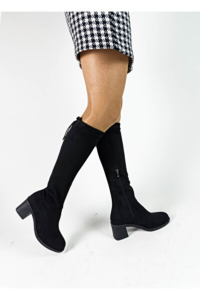 GDT Ayakkabı Siyah Süet Diz Altı Çorap Streç Kalın Topuk 36-37-38-39-40 Numara Arası Kadın Çizme