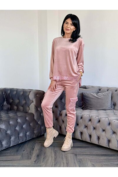 RAMONA BADESCU Trening din catifea cu detalii din paiete mov și pantaloni cu ...