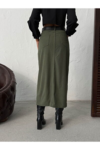 Ecenin Favorileri Corded Fabric Velvet Front Slit Midi Women's Skirt