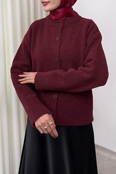 zhrcelebi Yumoş Textured Knitwear Cardigan 70145 - Bordo