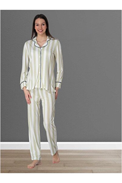 Lohusa Homewear Women's Green Striped Special Design Stylish Long Sleeve Butt...