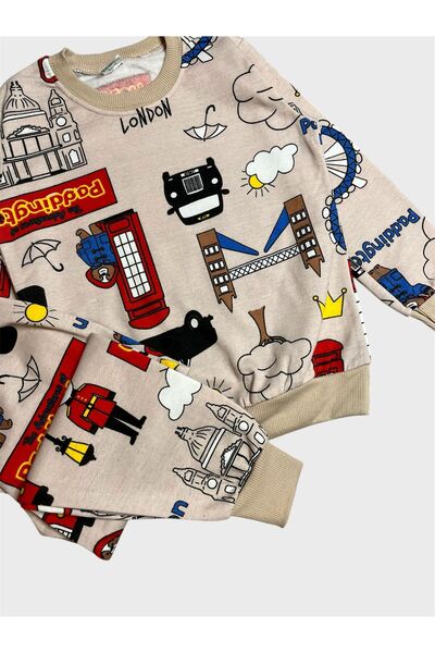 tusem butik homewear Boy's Cotton Fleece-Lined Beige Color Tree Cloud Patterned Long Sleeve Winter Pajama Set