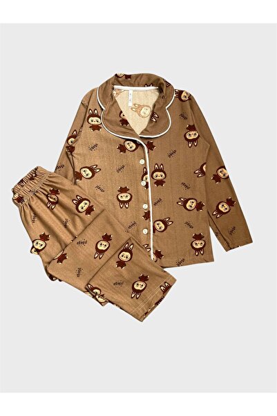 tusem butik homewear Girl's Cotton Suede Fabric Brown Labubu Patterned Shirt Collar Buttoned Winter Pajama Set