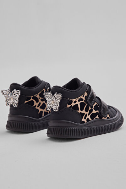 Tonny Black Children's Unisex Black Leopard Flexible Thermo Sole Double Velcro Strip Patterned Sports Short Boots