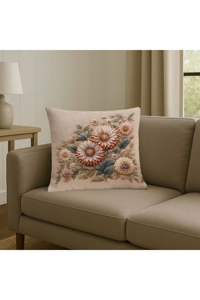 MİNOZA Digital Printed Embroidery Themed Floral Pattern Decorative Throw Pillow Case