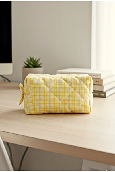 Mufincollection Handmade Yellow Checkered Makeup Bag – Suitable for Daily Use, Zippered, Soft Texture