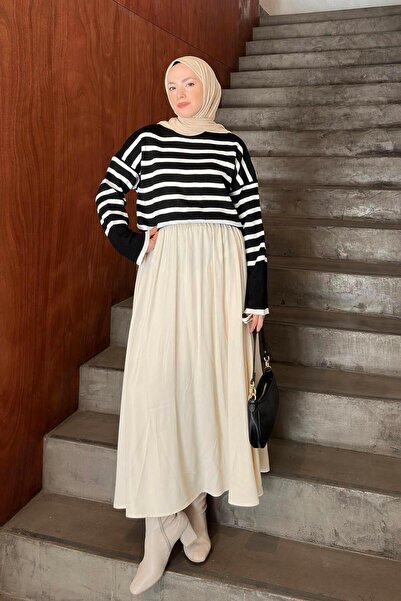 lamelif White Striped Knit Sweater Black