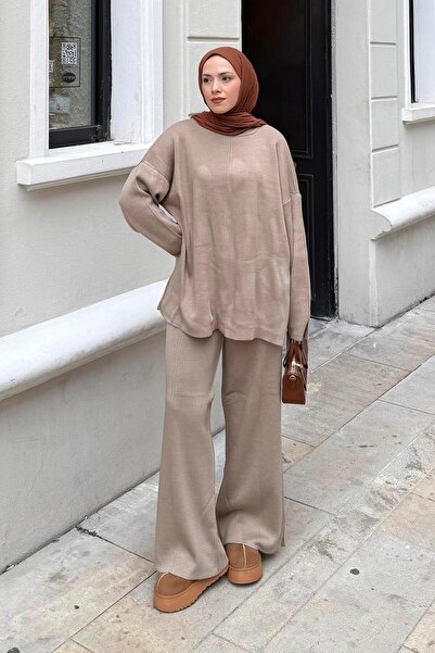 lamelif Plain Crew Neck Suit in Mink Color
