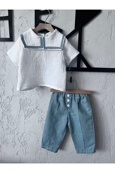 SophiAtelier Ținută bebeluș băiețel din 50% in și 50% muselină certificată OEKO-TEX, combinație alb-albastru