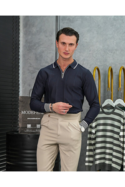 MODEFENDİ سترة تريكو رجالية من القطن والليكرا قصة ضيقة باللون الأزرق الداكن م...