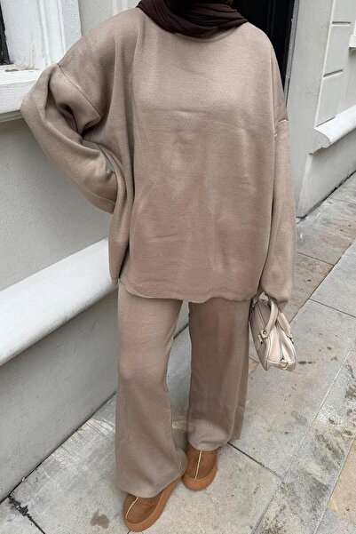 lamelif Plain Double Knitwear Hijab Set in Mink Color