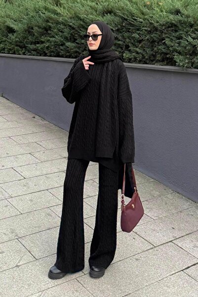 lamelif Scarf Knitted Pattern Double Suit Black