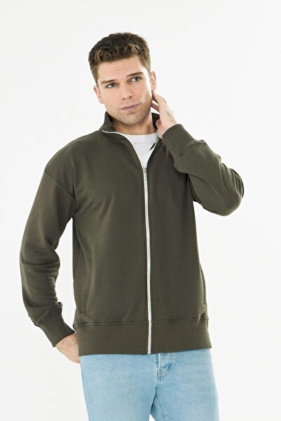 TRENDHİLL Ανδρικό μπλουζάκι από βαμβακερό φούτερ με φερμουάρ χακί 9507-H