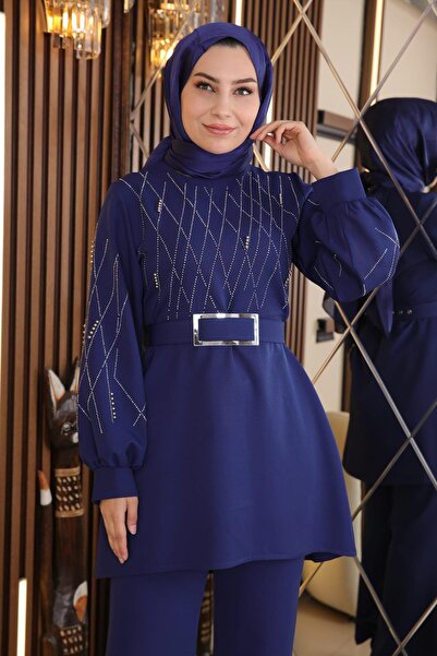 Modamihram Pearl and Stone Detailed Set Indigo Msw19116-1