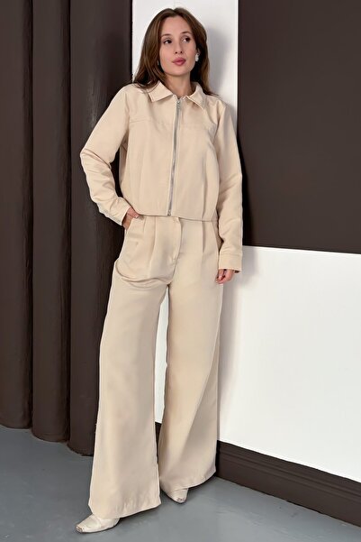 VAGGON Women's Stone Zipper Closure Sweat Wide Leg Pants Set Vs01564