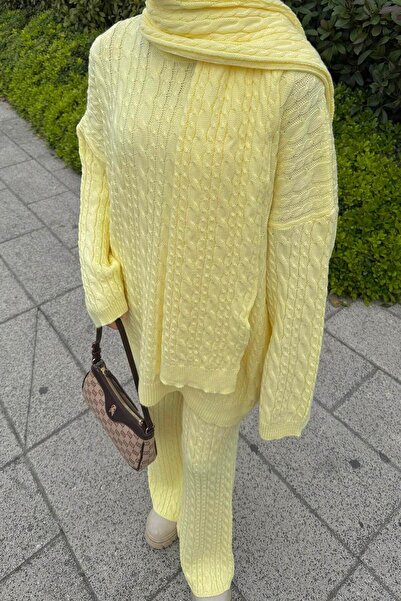 lamelif Knitted Pattern Double Suit with Scarf Yellow