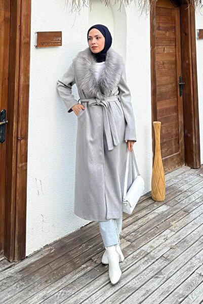 lamelif Γκρι παλτό με γούνινο γιακά