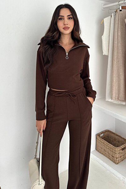 VAGGON Women's Brown Half-Zip Crop Sweat and Wide-Leg Sweatpants Set Vs01568