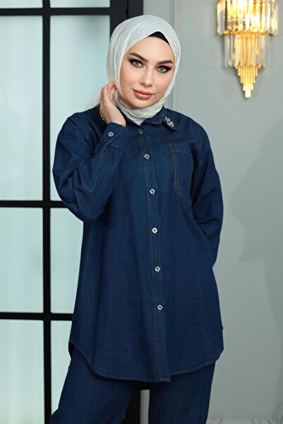 Modamihram Denim Suit with Stone Collar Dark Blue Msw19183-2