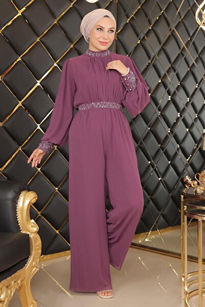 Modamihram Шифоновий комбінезон з каменями, бордовий MSW19153-4