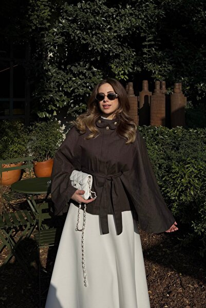 EMNORA Gold Düğmeli Denim Panço Acı Kahve