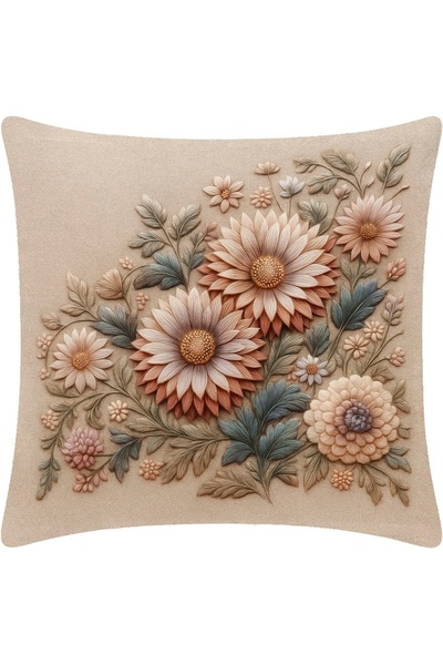 MİNOZA Digital Printed Embroidery Themed Floral Pattern Decorative Throw Pillow Case