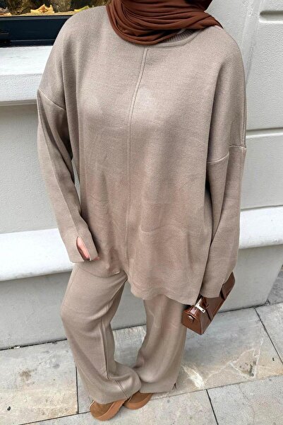 lamelif Plain Crew Neck Suit in Mink Color