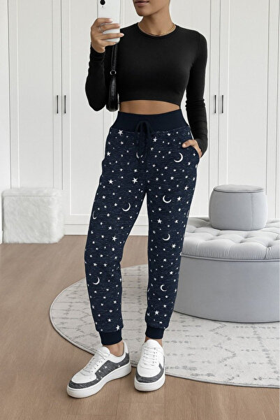 JANES Women's High Waist Lace-Up Patterned Two Thread Pants, Relaxed Fit Jogger Pants