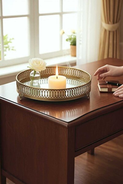 PELLE DESİGN Metal Jardinyer Yuvarlak Tepsi Lazer Kesim Aynalı 35cm