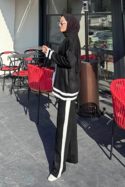 lamelif Striped Pants Knitwear Hijab Set Black