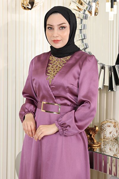 Modamihram Сатинове вечірнє плаття з камінням, суха троянда MSW19901-5