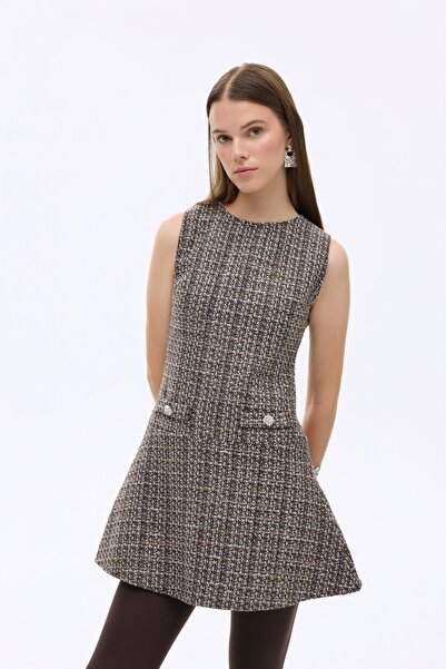 Quzu Kadın Düğmeli Volanlı Tüvit Elbise ELB00870 Kahve