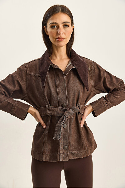 Bianco Lucci Women's Velvet Collar Belted Denim Jacket 6093 60283828