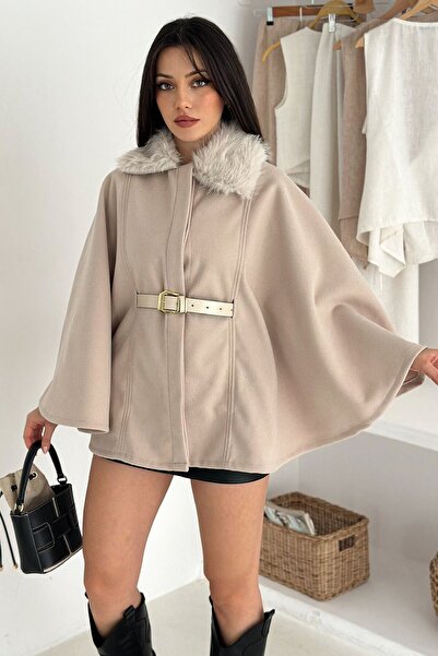 VAGGON Buttoned Belt Detailed Faux Fur Collar Poncho