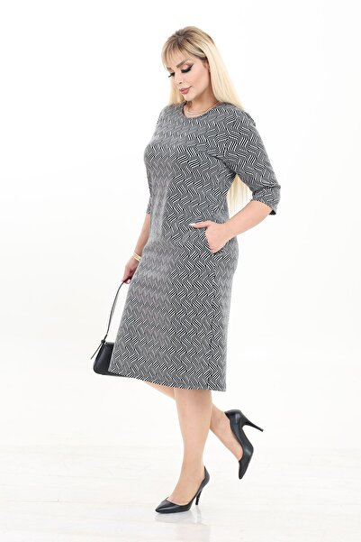 modayız Double Pocket Patterned Stretchy Winter Plus Size Midi Dress 7C-2734