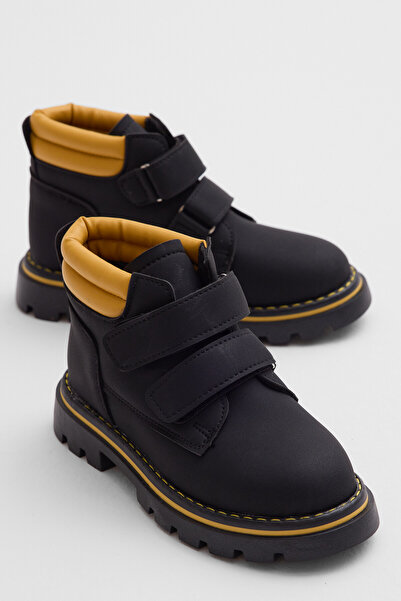 Tonny Black Children's Unisex Black Yellow Thick Thermo Sole Warm Lined Double Velcro Boots