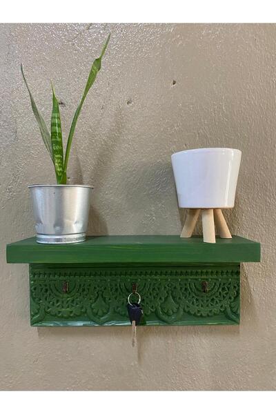 AhsabinRuhu Koyu Yeşil Ahşap Oyma Duvar Rafı