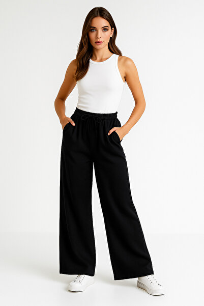 Rich Women's Black High Waist Elastic Wide Leg Trousers-Multicolour 30