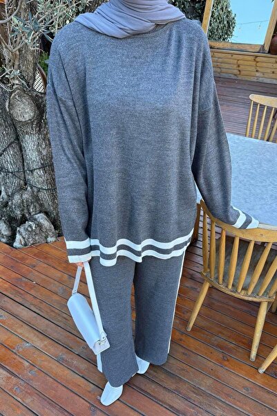 lamelif Striped Trousers Knitwear Hijab Set Anthracite